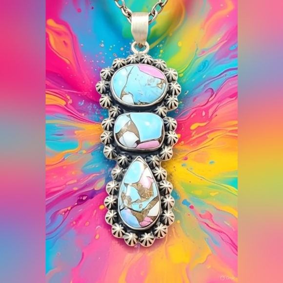 Cotton Candy Jewelry - Artisan Sterling Silver Pendant with Turquoise and Pink Accents Cotton Candy